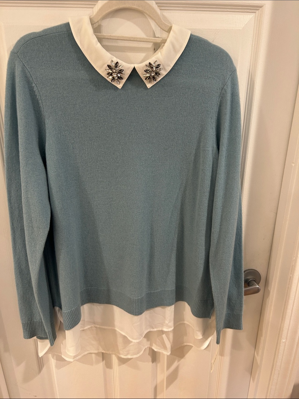 Charter Club Powder Blue Sweater with Jeweled White Collar